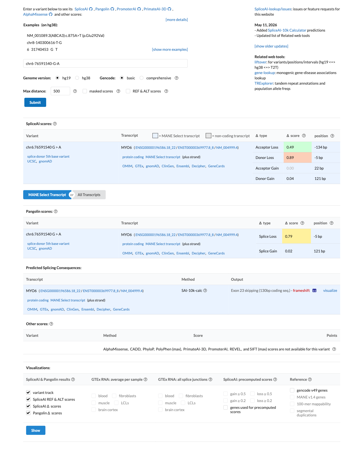 SpliceAI-predictie voor MYO6 c.2416+5G>A — Donor Loss 0,89 op −5 bp